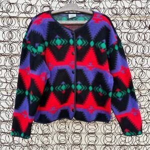 VTG 90s David Wayne Aztec Southwestern Fleece Jacket Black Vibrant Red Purple M?